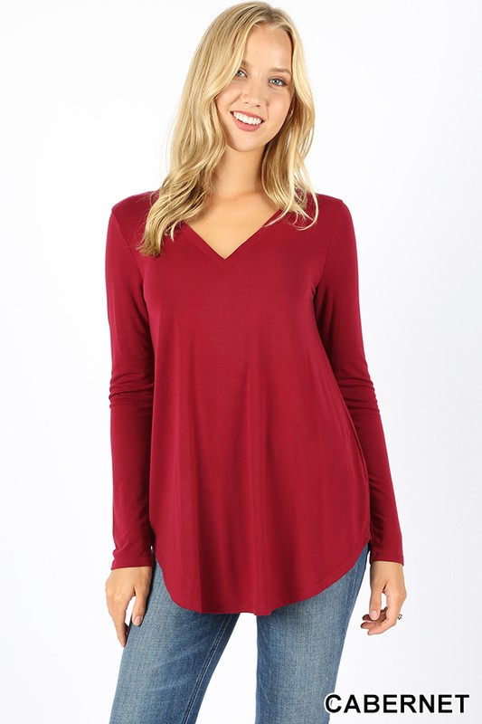 Wholesale Premium V-Neck Round Hem Long Sleeve Top