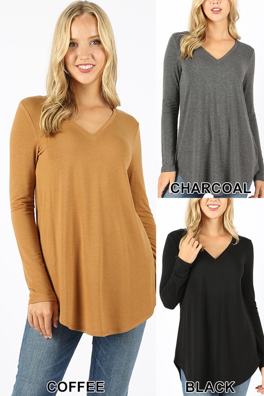 Wholesale Premium V-Neck Round Hem Long Sleeve Top