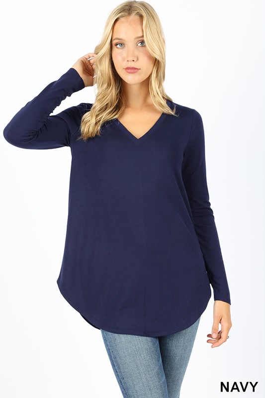 Wholesale Premium V-Neck Round Hem Long Sleeve Top