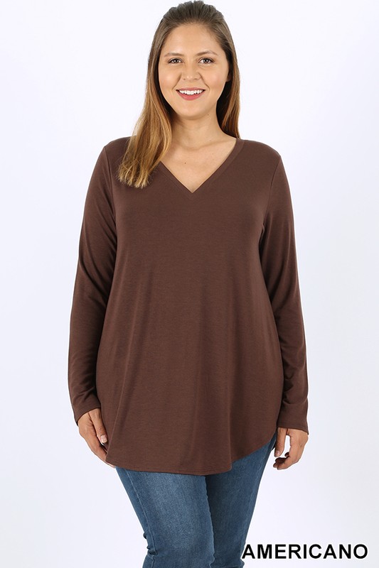 Wholesale Premium V-Neck Round Hem Long Sleeve Plus Size Top