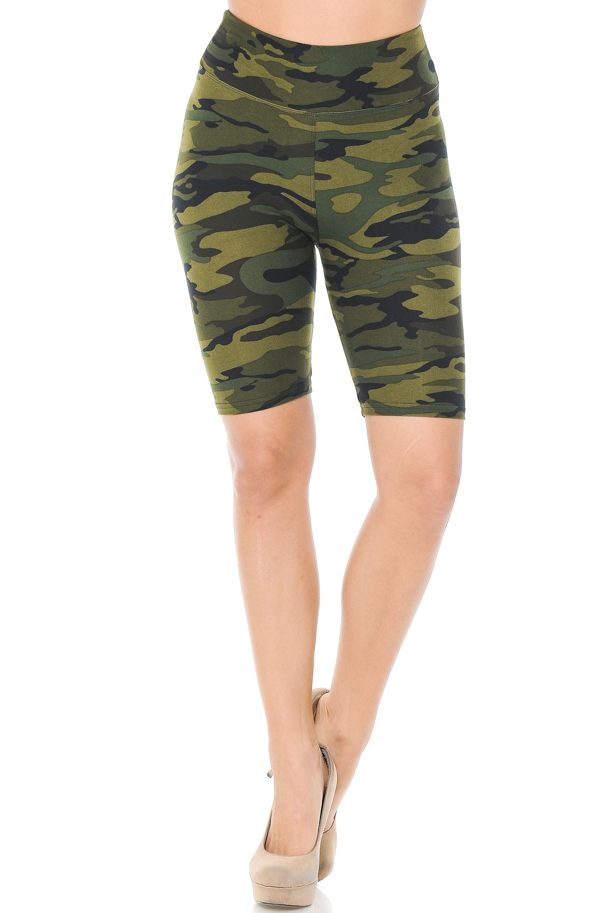 Wholesale Buttery Smooth Green Camouflage Plus Size Biker Shorts - 3 Inch Waist Band