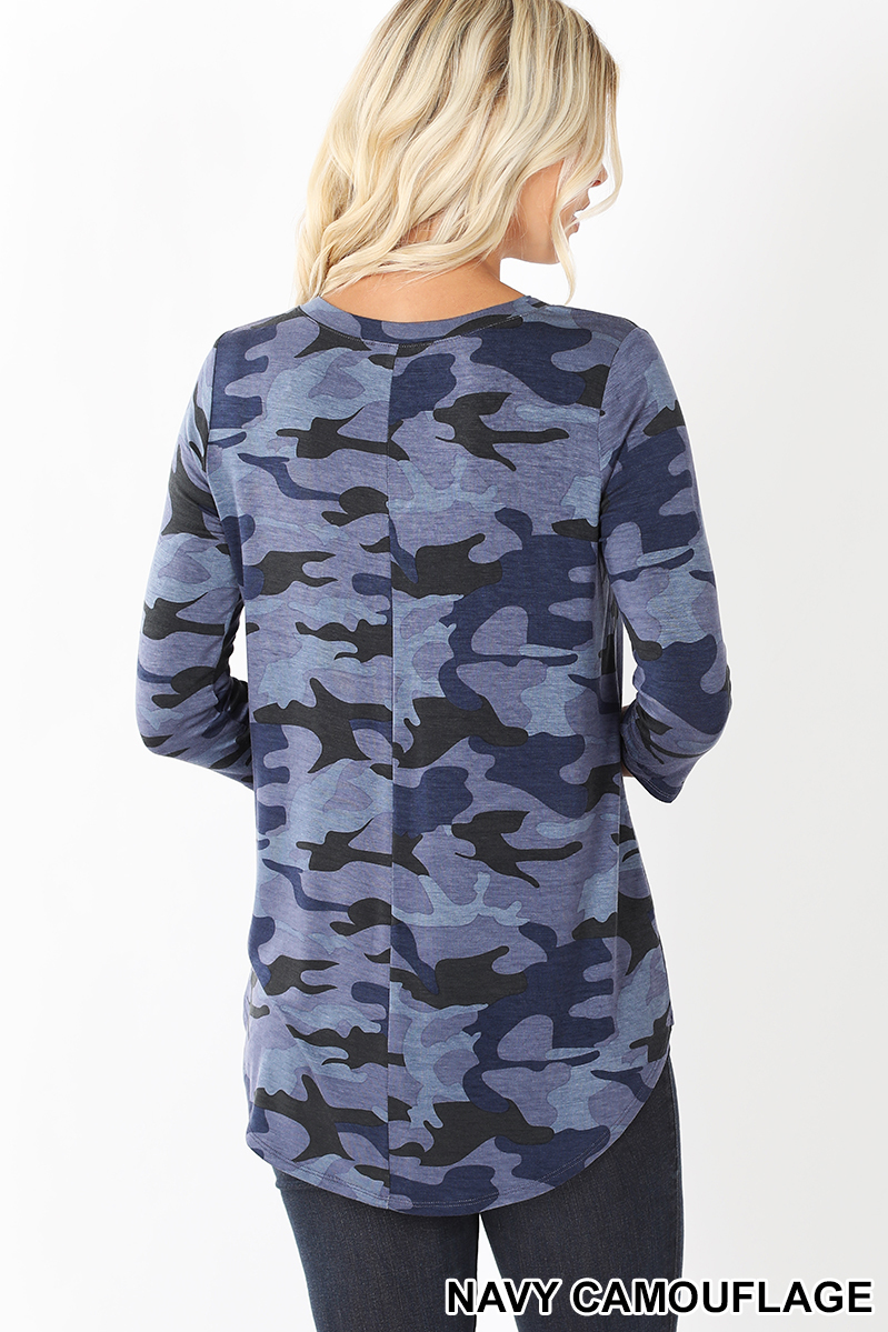 Wholesale Rayon Camouflage 3/4 Sleeve V-Neck & Hem Top