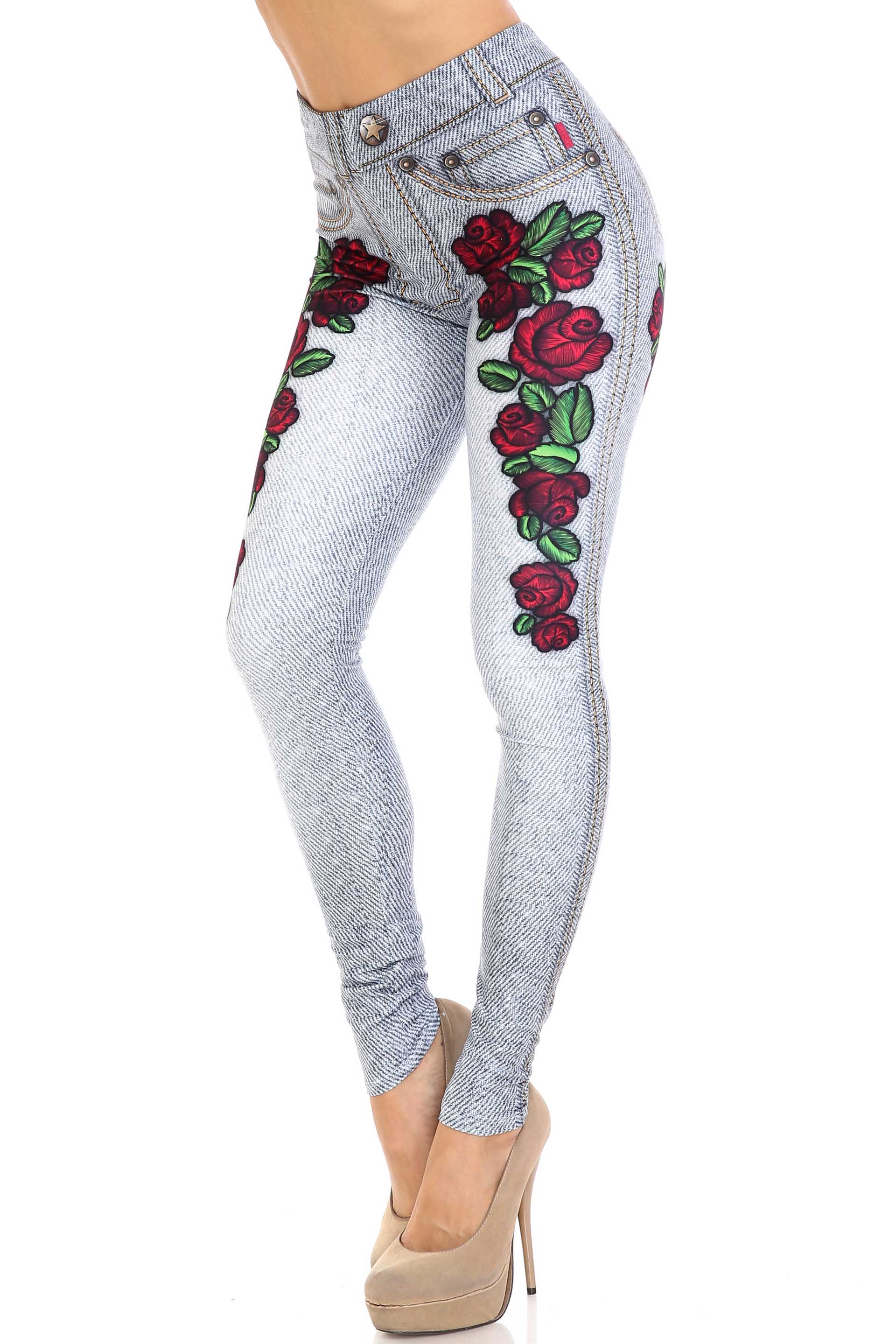 Wholesale Creamy Soft Light Blue Denim Rose Extra Plus Size Leggings - 3X-5X - By USA Fashion™