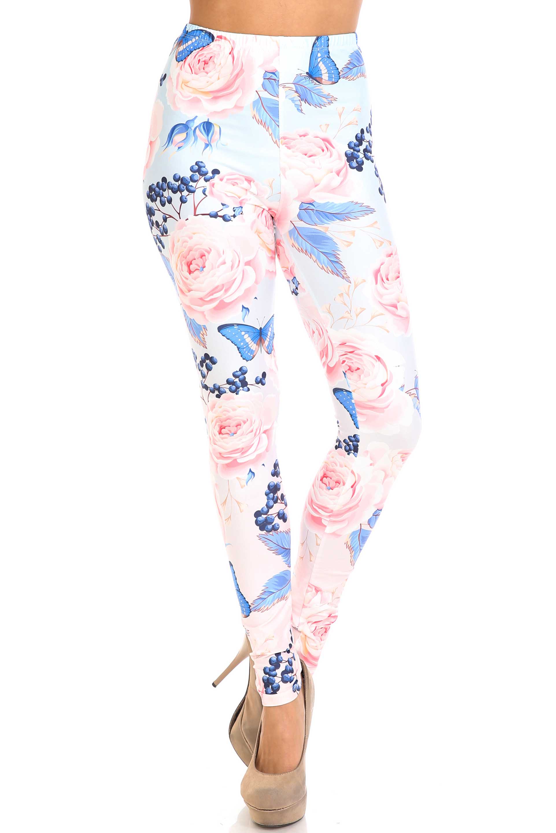 Wholesale Creamy Soft Butterflies and Jumbo Pink Roses Extra Plus Size Leggings - 3X-5X - USA Fashion™