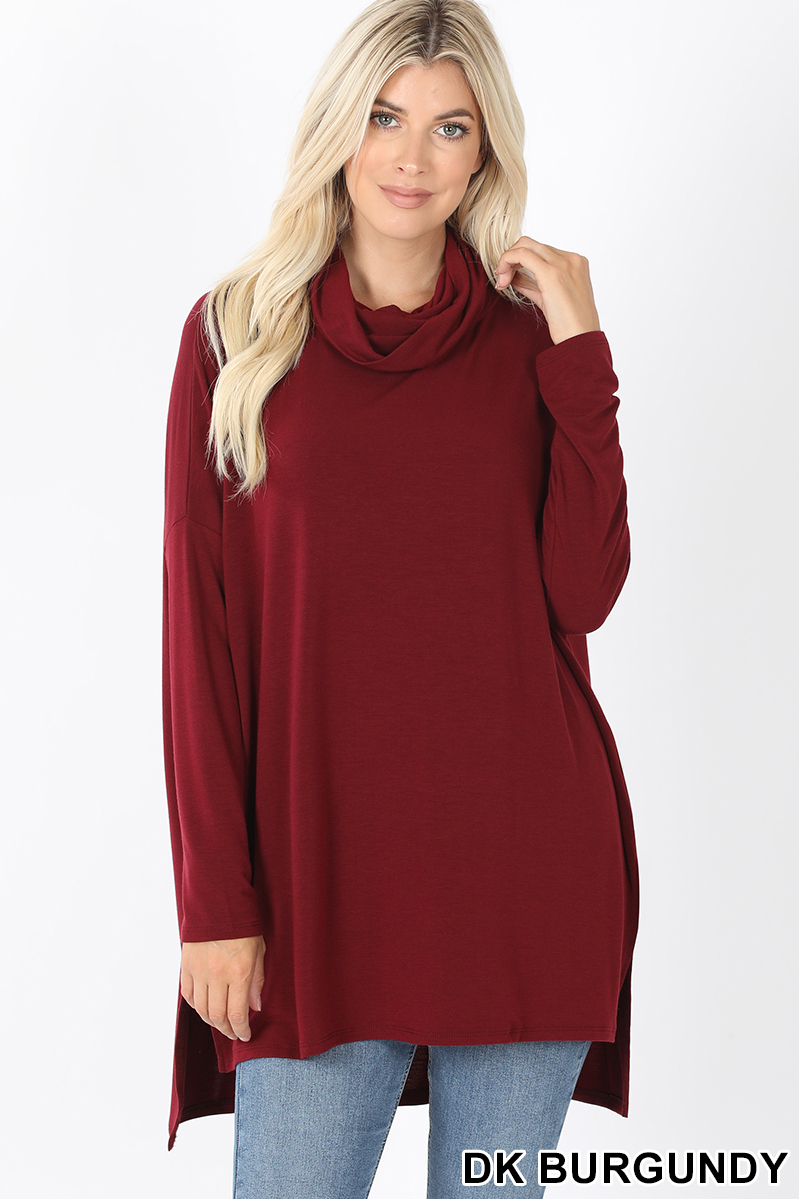 Front image of Dark Burgundy Wholesale Cowl Neck Hi-Low Long Sleeve Top