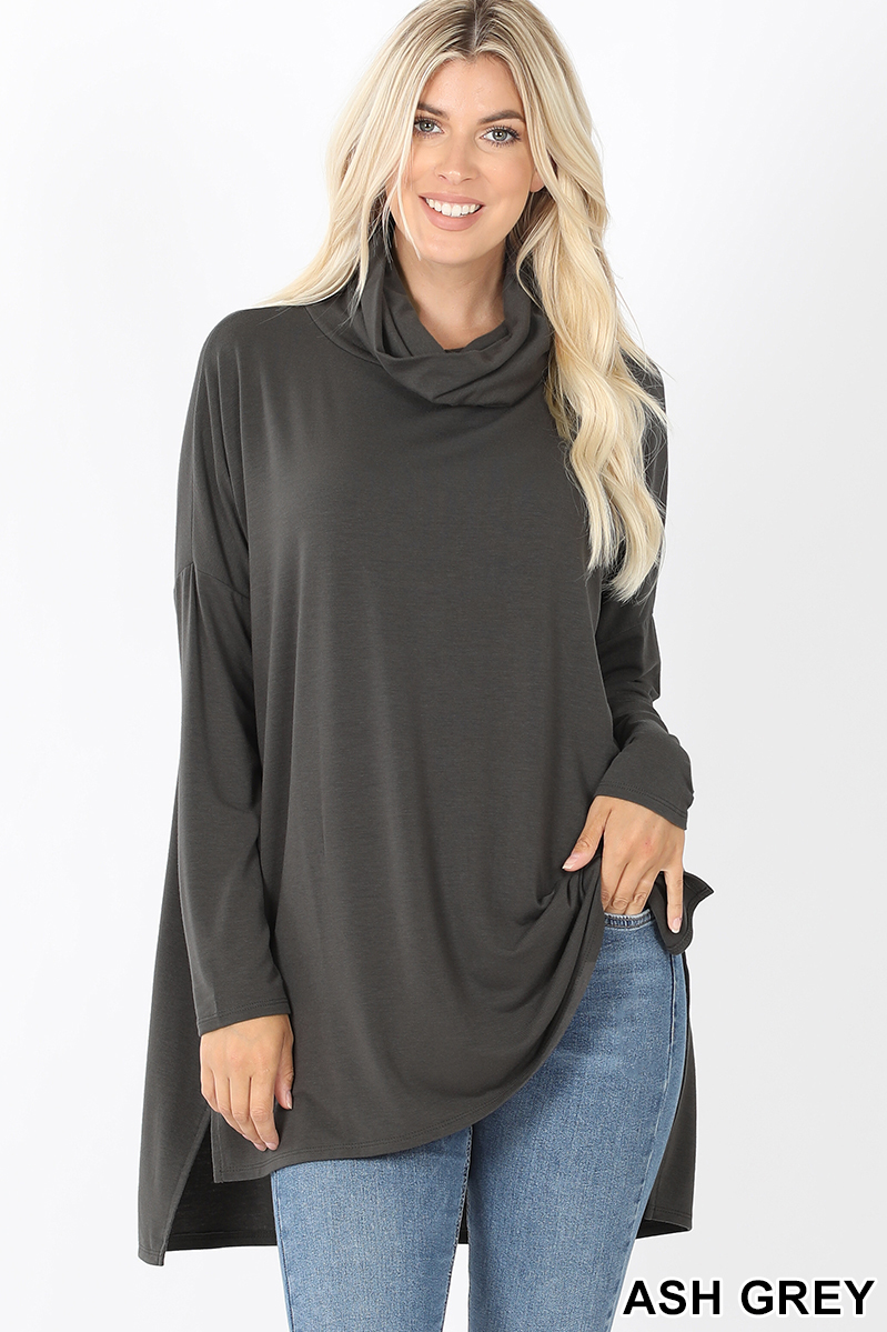 Front image of Ash Grey Wholesale Cowl Neck Hi-Low Long Sleeve Plus Size Top