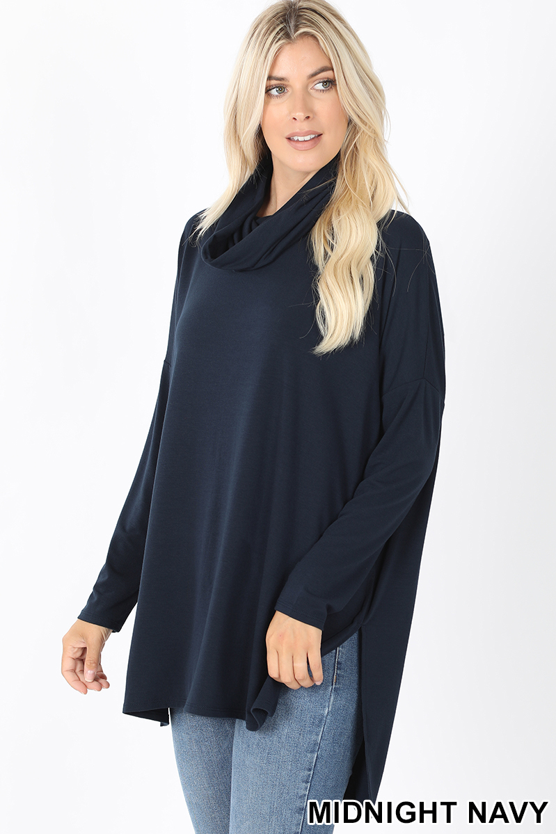 45 Degree Front image of Midnight Navy Wholesale Cowl Neck Hi-Low Long Sleeve Plus Size Top