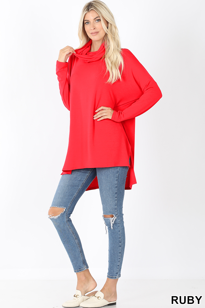 Full body front image of Ruby Wholesale Cowl Neck Hi-Low Long Sleeve Plus Size Top