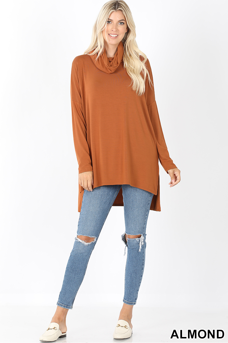 Full body front image of Almond Wholesale Cowl Neck Hi-Low Long Sleeve Plus Size Top