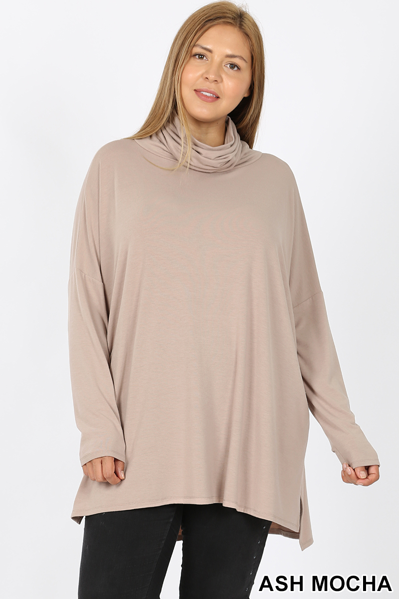 Front image of Ash Mocha Wholesale Rayon Cowl Neck Dolman Sleeve Plus Size Top