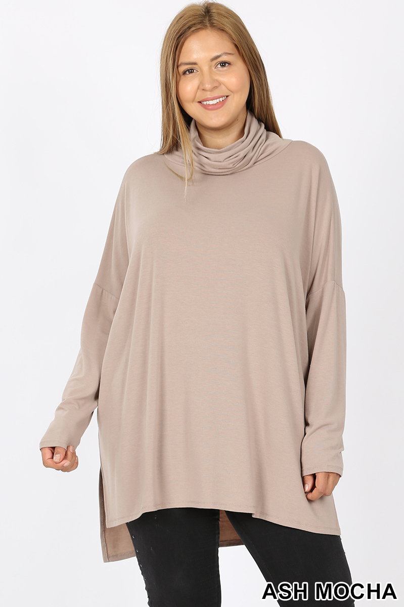 Front image of Ash Mocha Wholesale Rayon Cowl Neck Dolman Sleeve Plus Size Top