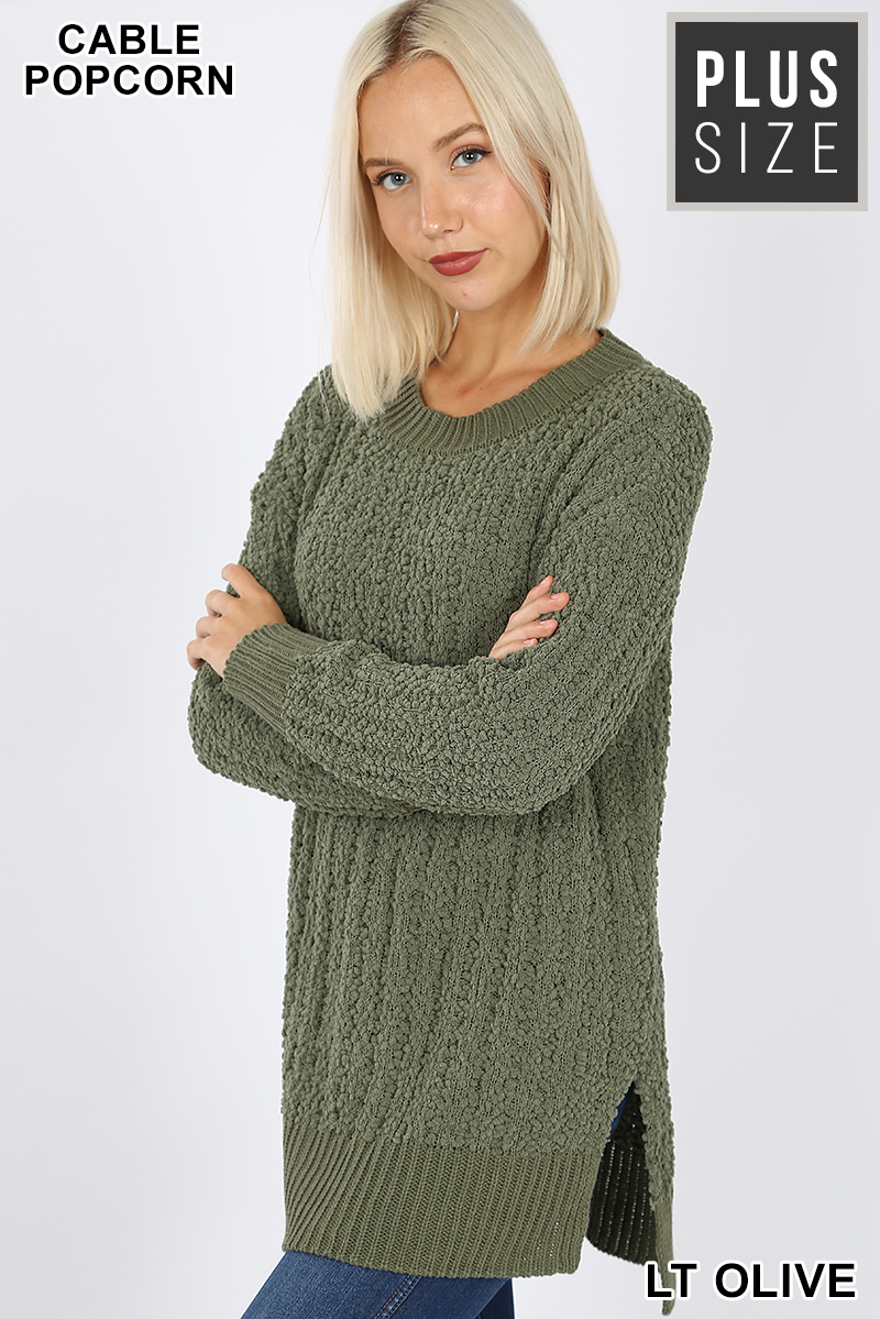 45 degree image of Light Olive Wholesale Cable Knit Popcorn Round Neck Hi-Low Plus Size Sweater