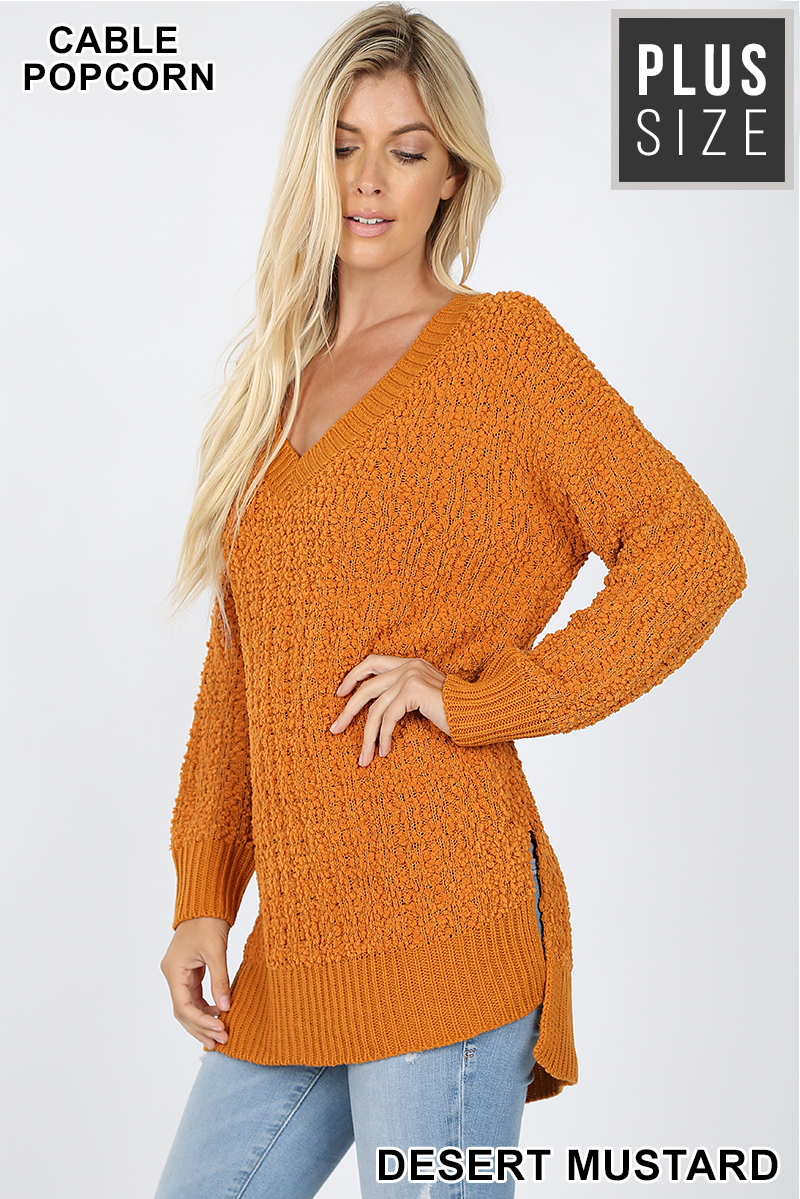 45 degree image of Desert Mustard Wholesale Cable Knit Popcorn V-Neck Hi-Low Plus Size Sweater