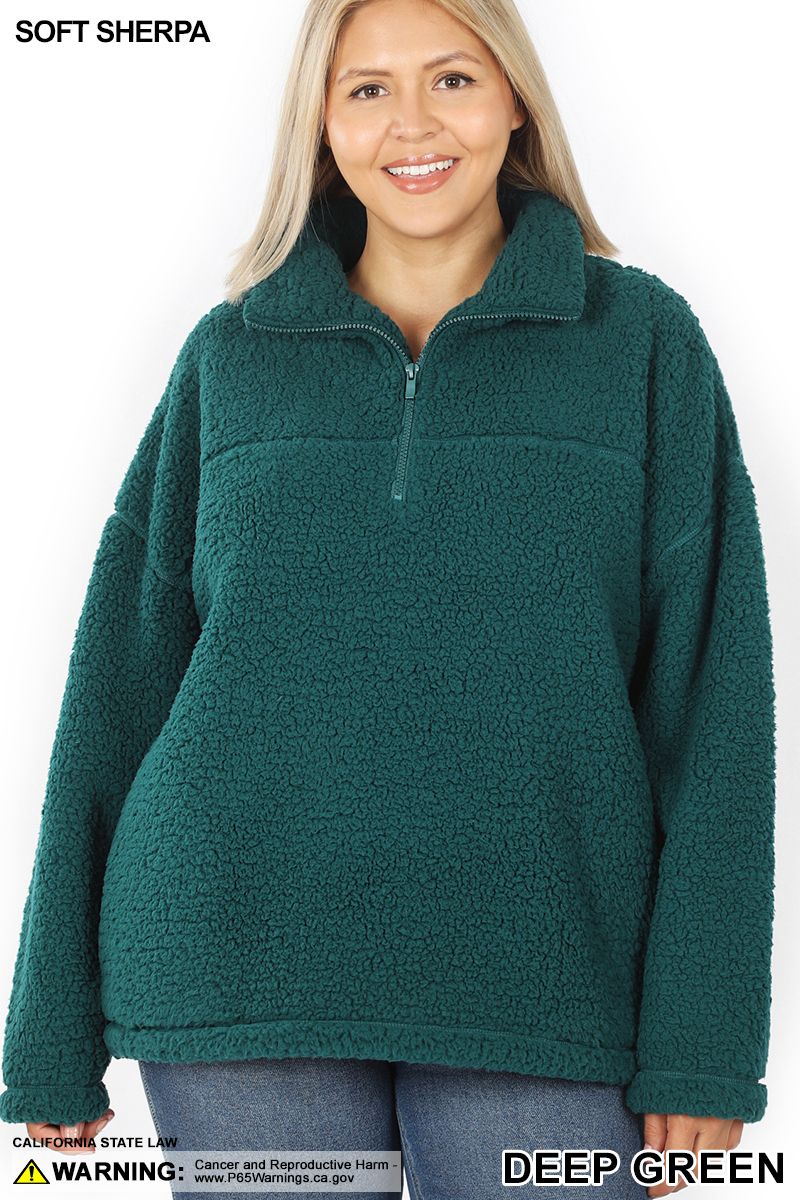 Front of Deep Green Wholesale Sherpa Half Zip Plus Size Pullover with Side Pockets