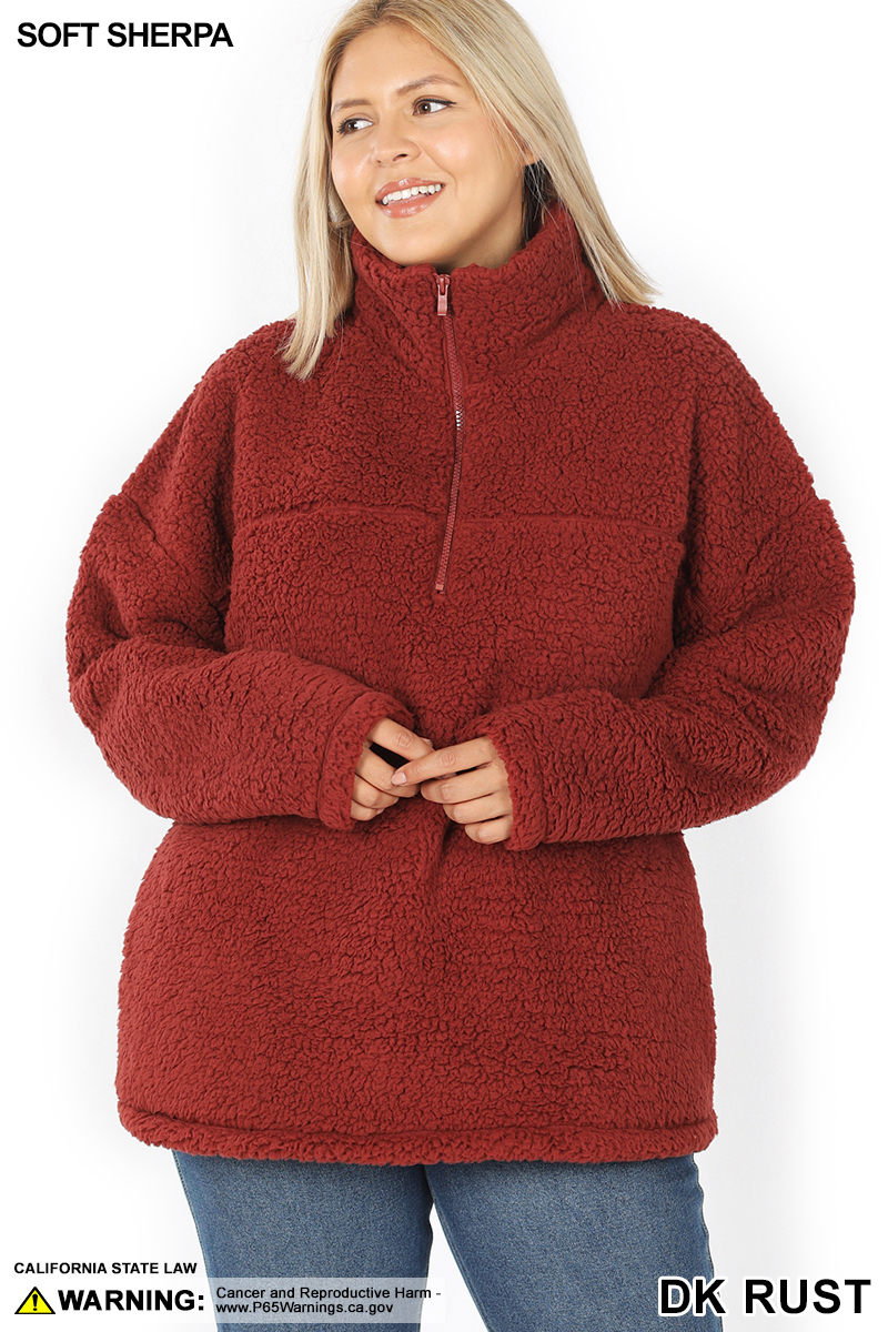 Front of Dark Rust Wholesale Sherpa Half Zip Plus Size Pullover with Side Pockets