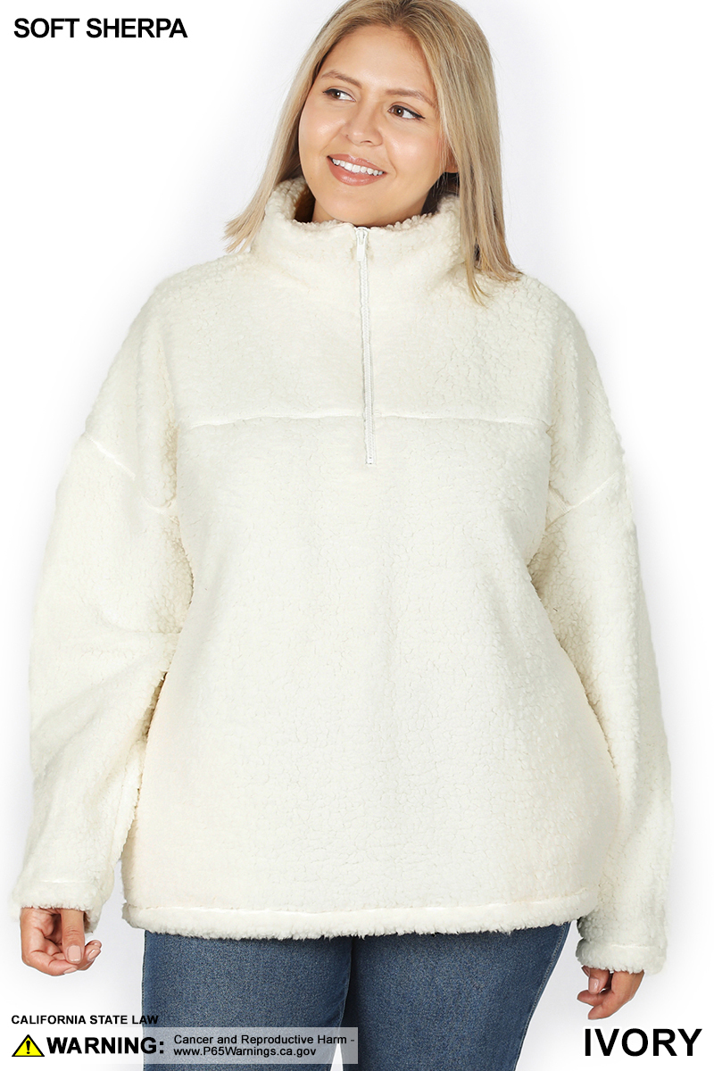 Front of Ivory Wholesale Sherpa Half Zip Plus Size Pullover with Side Pockets