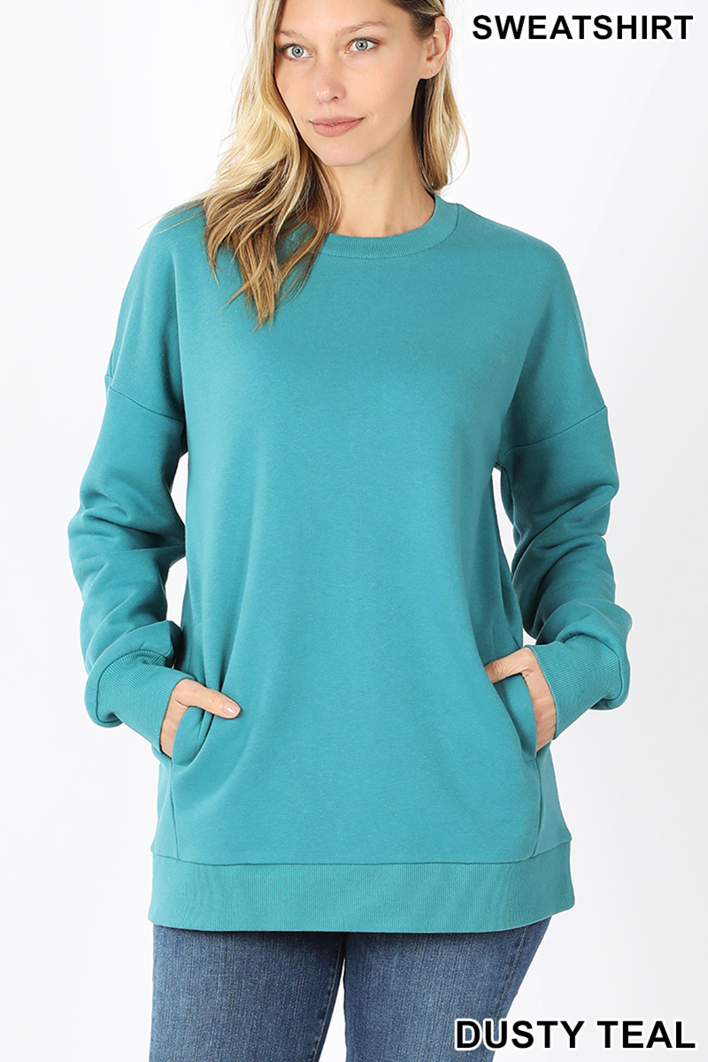 Front image of Dusty Teal Wholesale Round Crew Neck Sweatshirt with Side Pockets