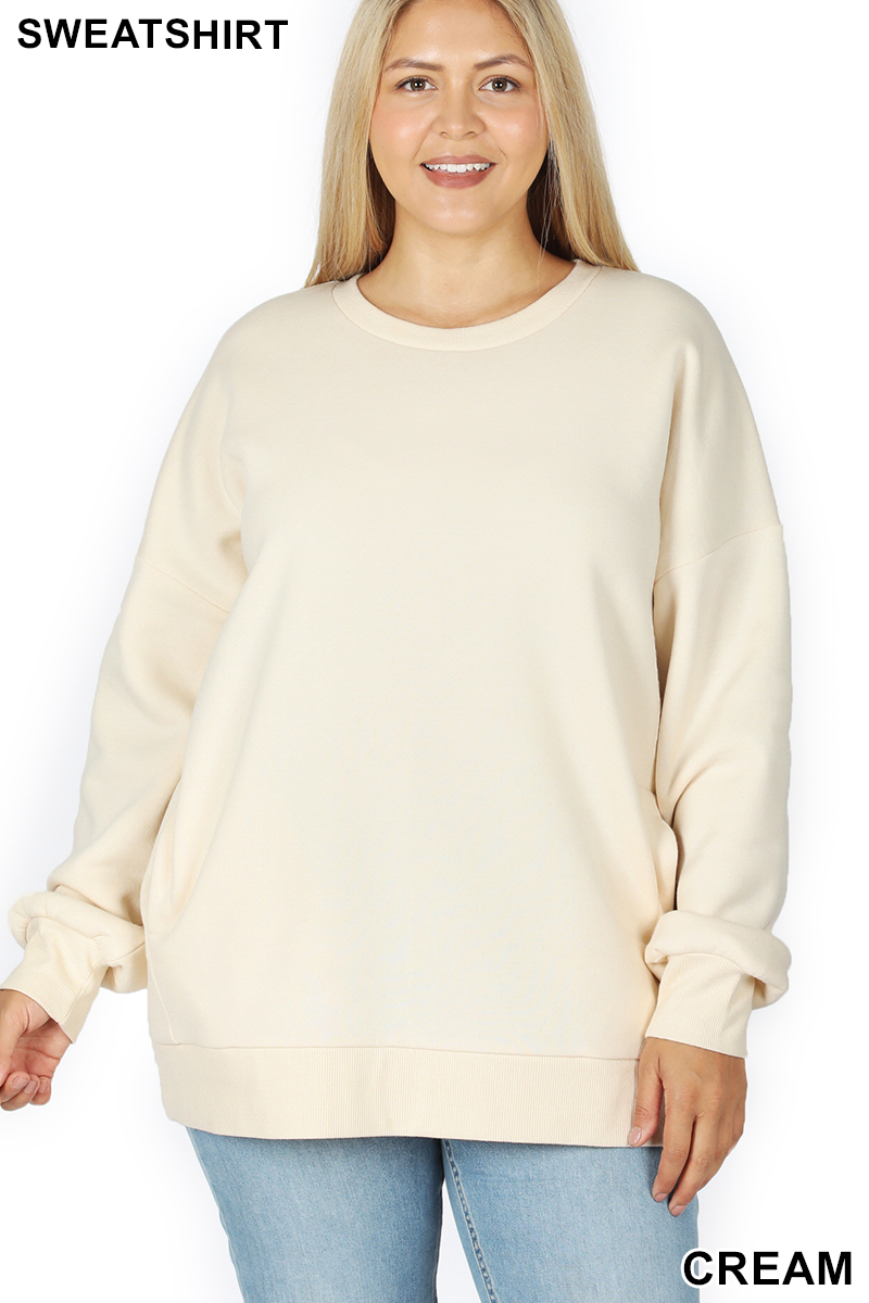 Front image of Cream Wholesale Cotton Round Crew Neck Plus Size Sweatshirt with Side Pockets