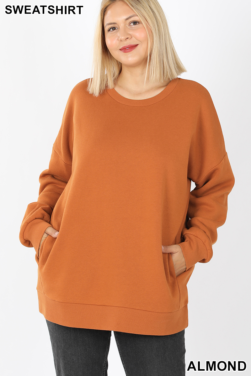 Front image of Almond Wholesale Cotton Round Crew Neck Plus Size Sweatshirt with Side Pockets