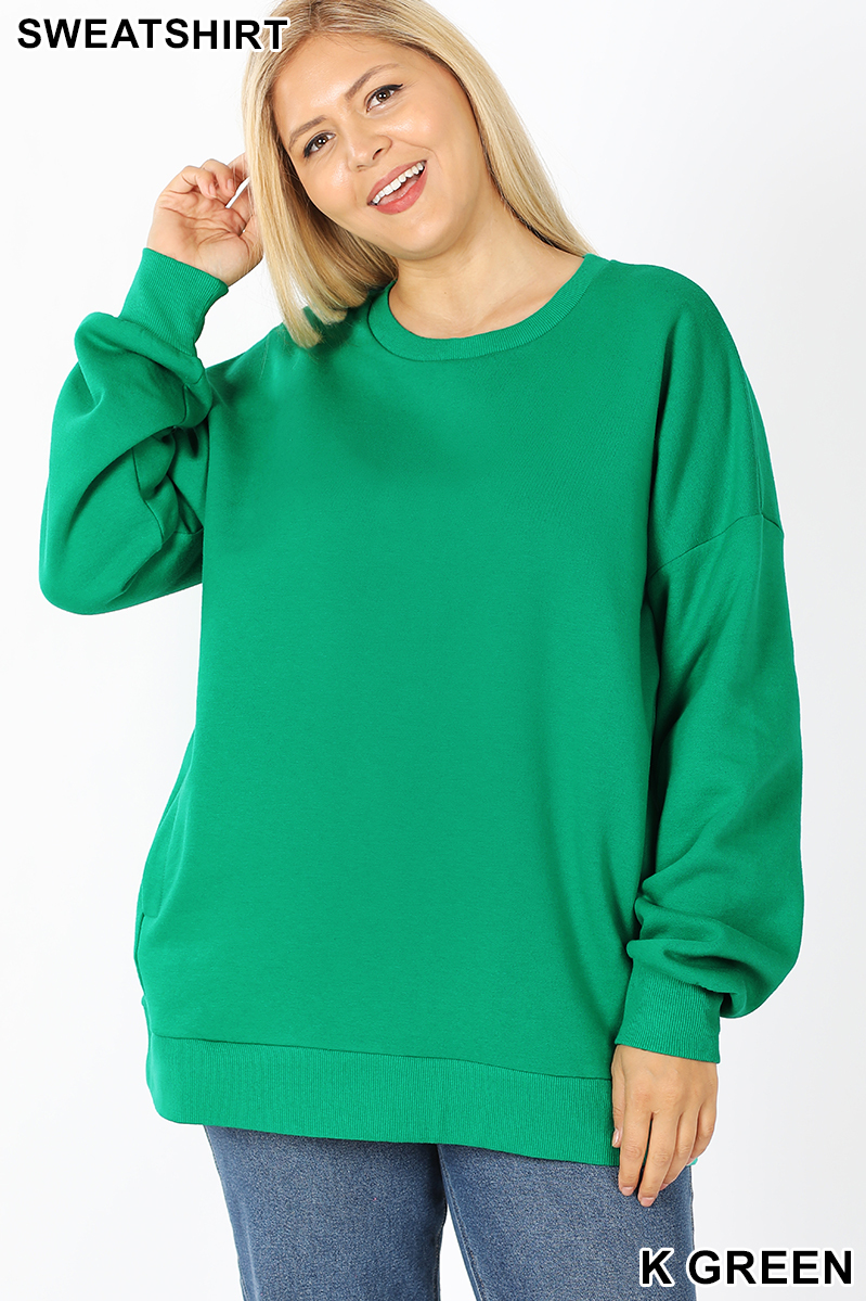 Front image of Kelly Green Wholesale Cotton Round Crew Neck Plus Size Sweatshirt with Side Pockets