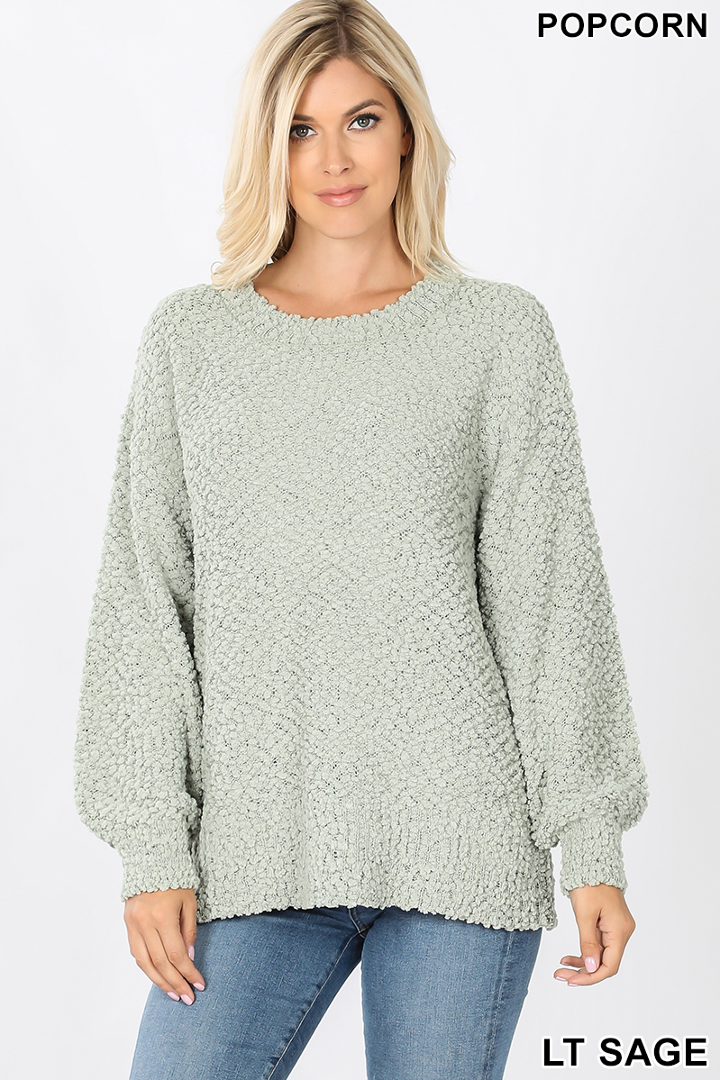 Front image of Sage Wholesale Popcorn Balloon Sleeve Round Neck Pullover Sweater