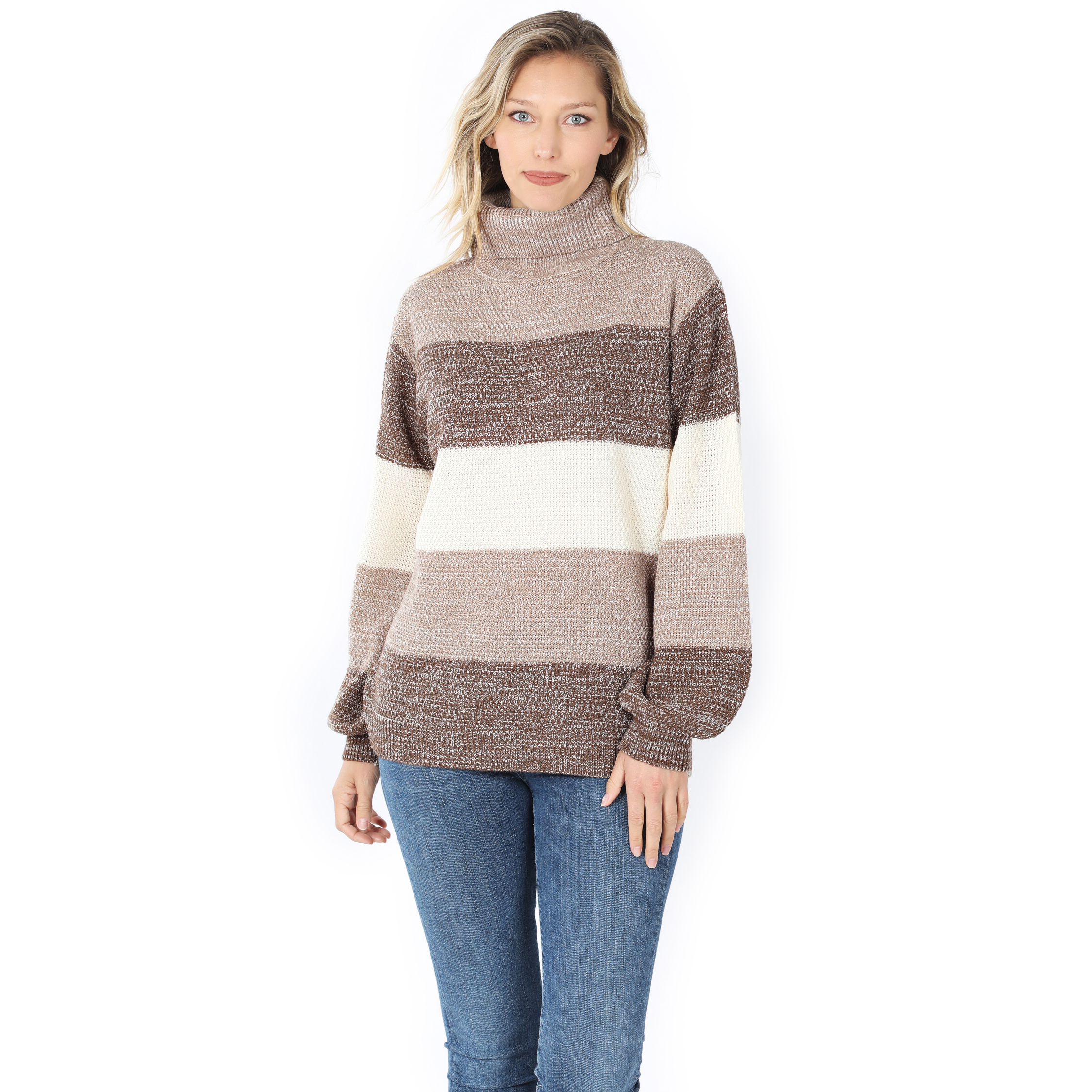 Front of Mocha Wholesale Color Block Striped Turtle Neck Balloon Sleeve Sweater