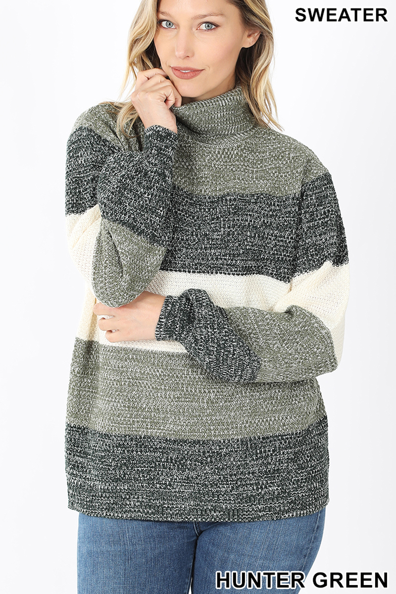 Front image of Hunter Green Wholesale Color Block Striped Turtle Neck Balloon Sleeve Sweater