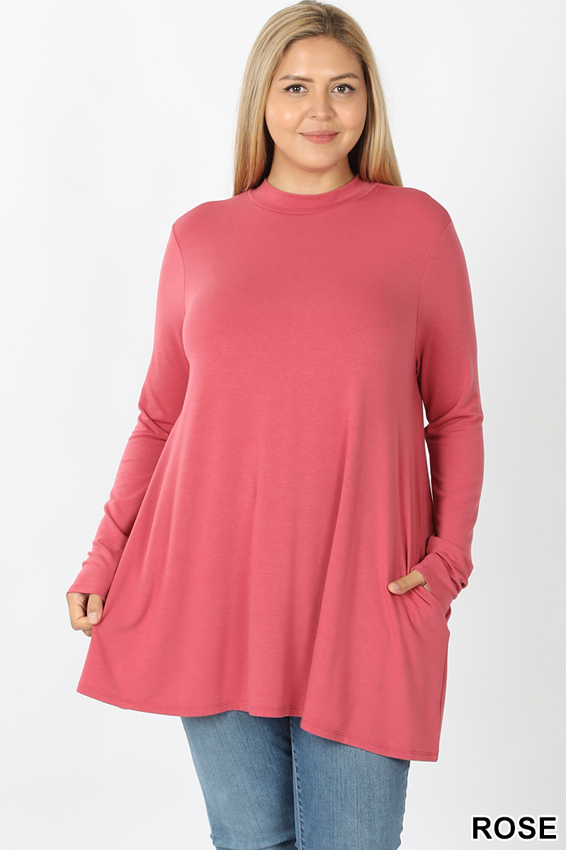 Front image of Rose Wholesale Long Sleeve Mock Neck Plus Size Top