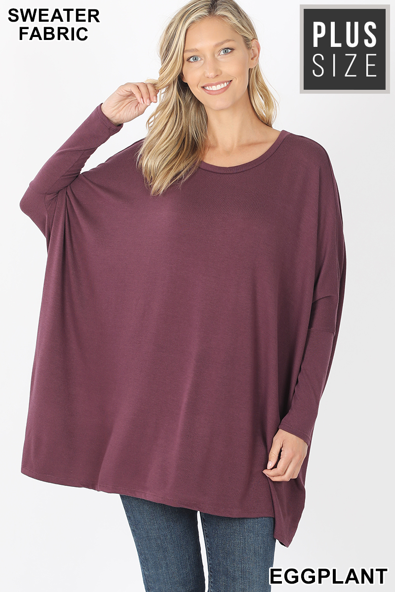 Front view of Eggplant Wholesale Oversized Round Neck Poncho Plus Size Sweater