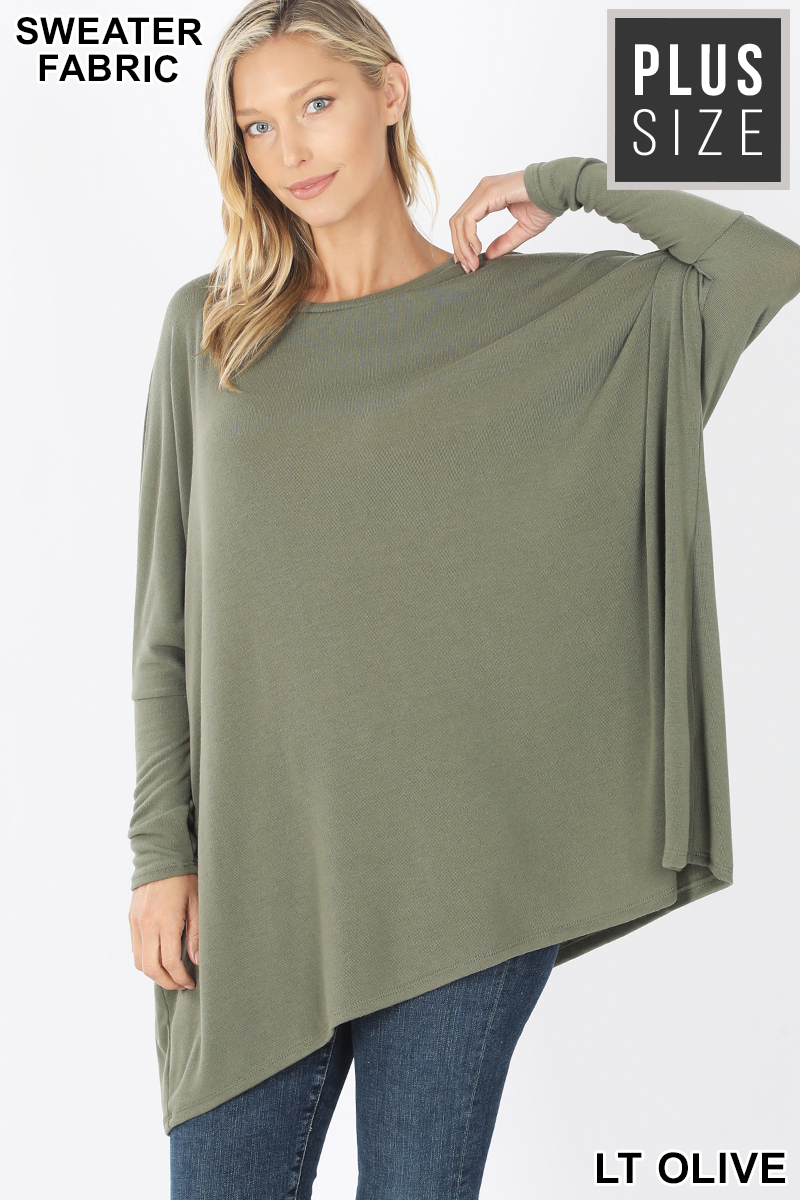Front view of Lt Olive Wholesale Oversized Round Neck Poncho Plus Size Sweater