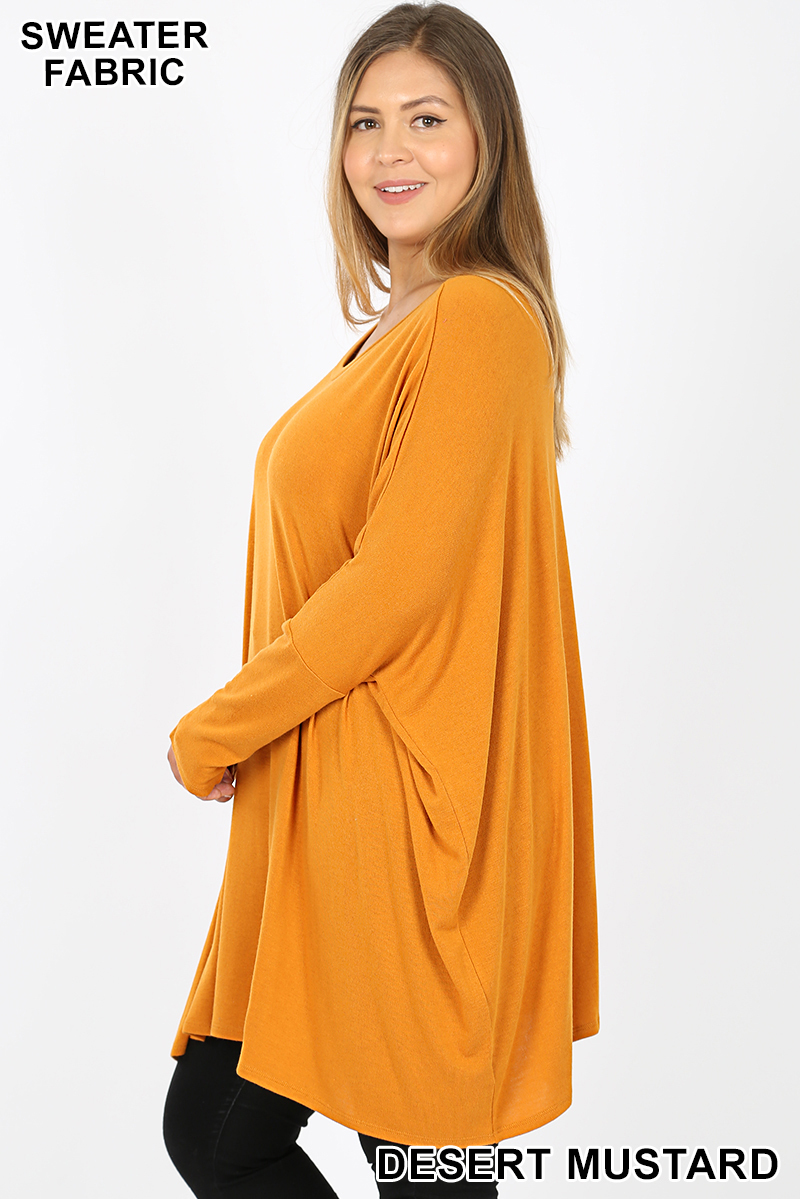 Left side view of Desert Mustard Wholesale Oversized Round Neck Poncho Plus Size Sweater