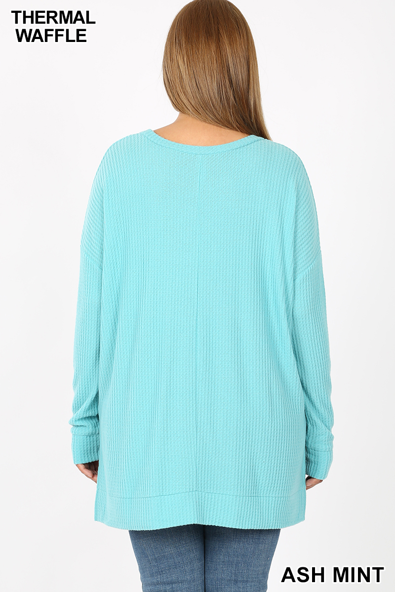 Back view image of Ash Mint Wholesale Brushed Thermal Waffle Knit Round Neck Plus Size Top