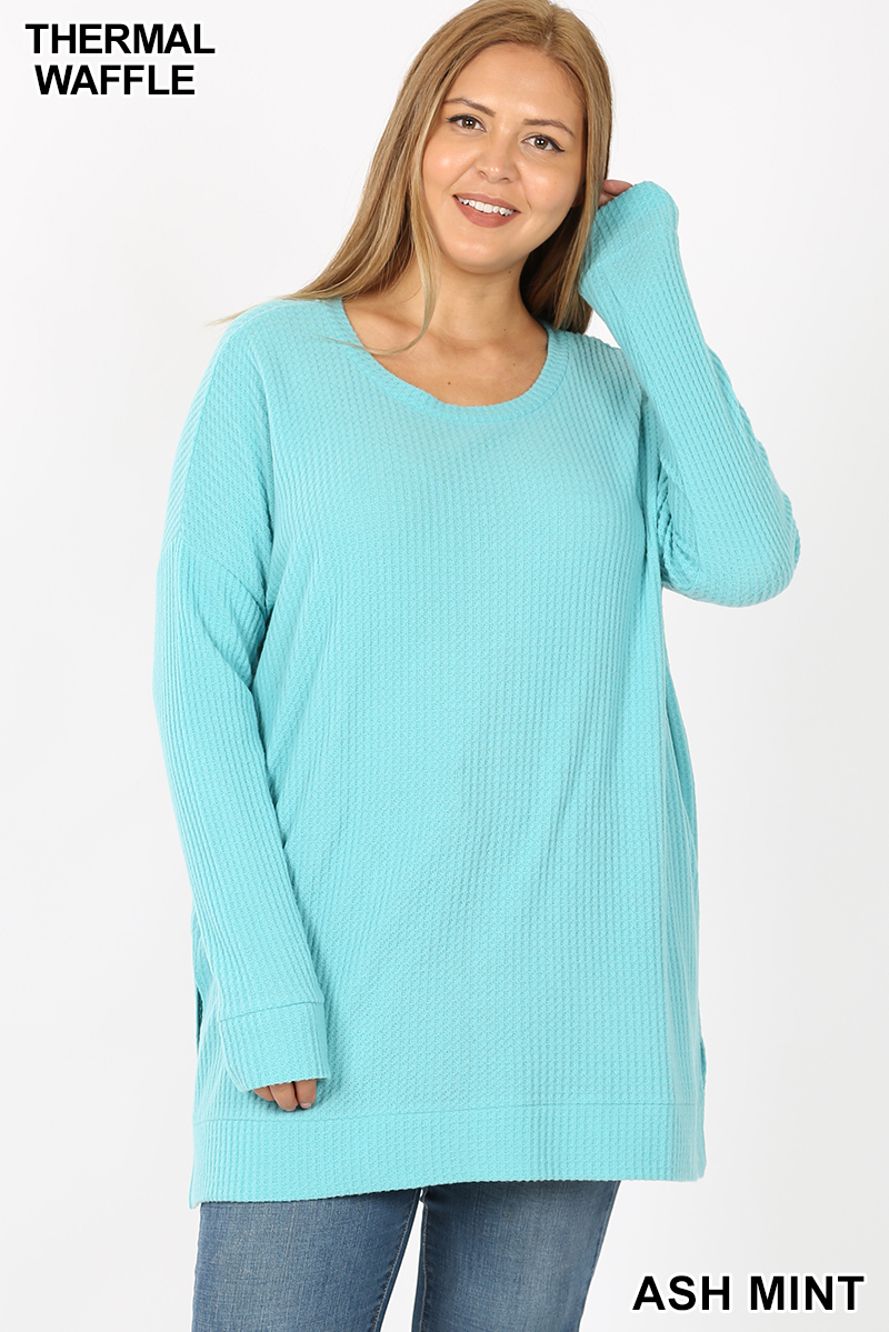 Front image of Ash Mint Wholesale Brushed Thermal Waffle Knit Round Neck Plus Size Top