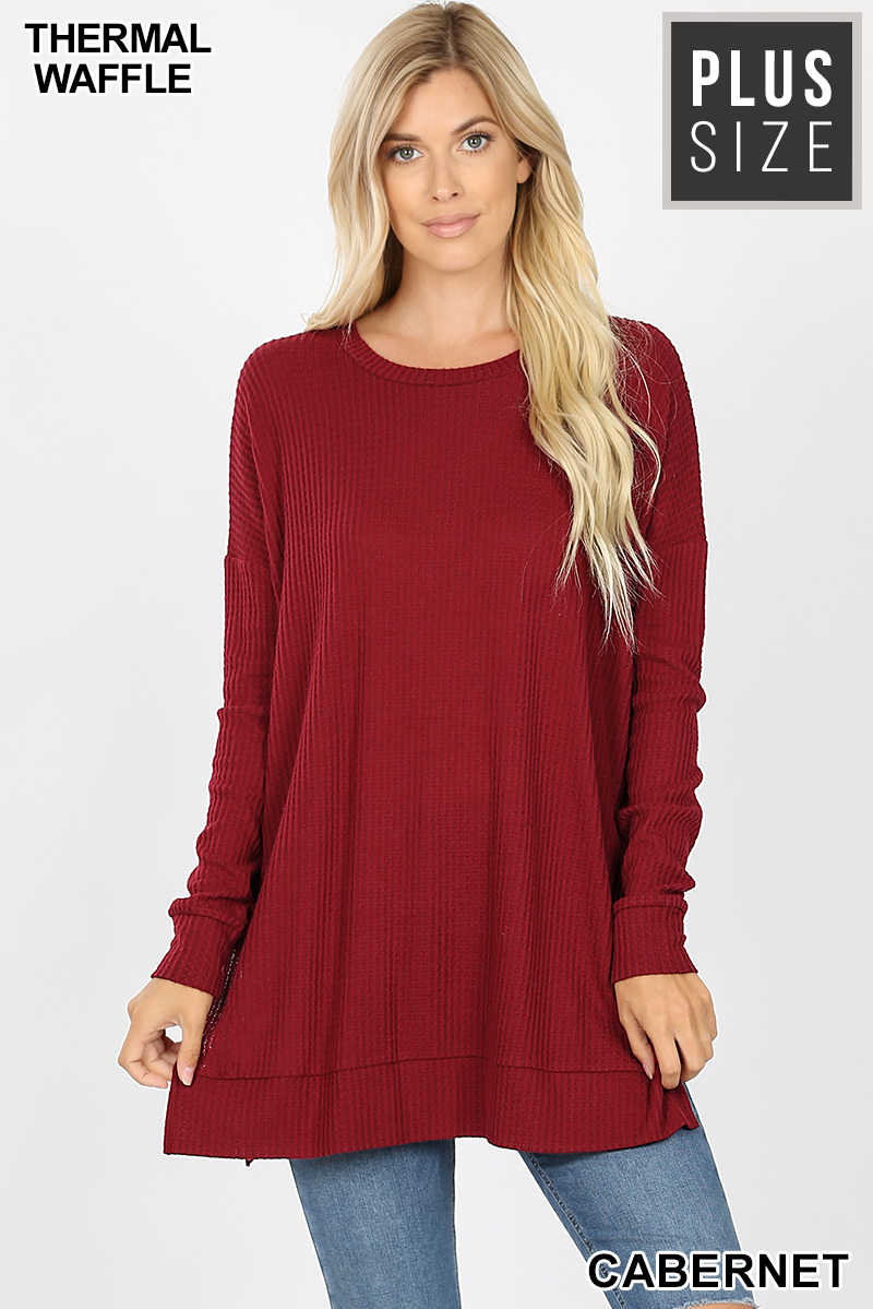 Front image of Cabernet Wholesale Brushed Thermal Waffle Knit Round Neck Plus Size Sweater