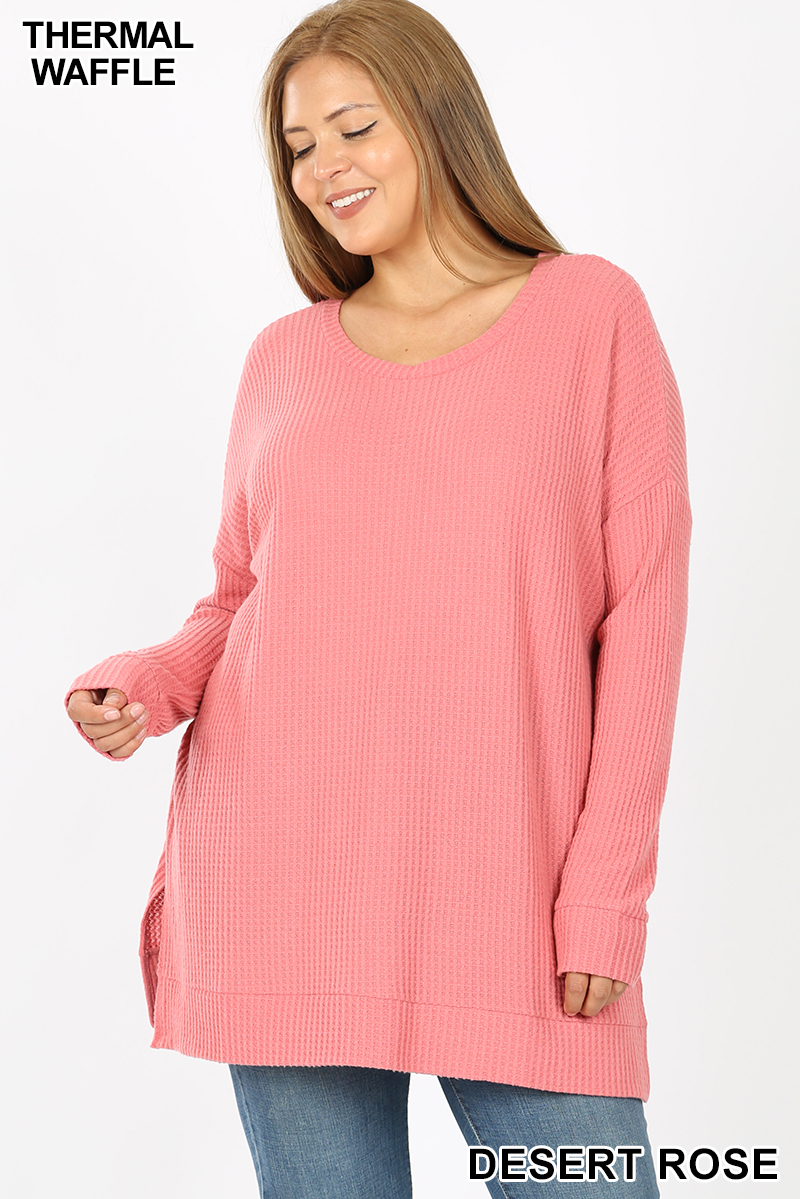 Front image of Desert Rose Wholesale Brushed Thermal Waffle Knit Round Neck Plus Size Sweater