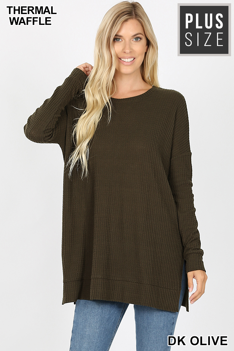 Front image of Dk Olive Wholesale Brushed Thermal Waffle Knit Round Neck Plus Size Sweater