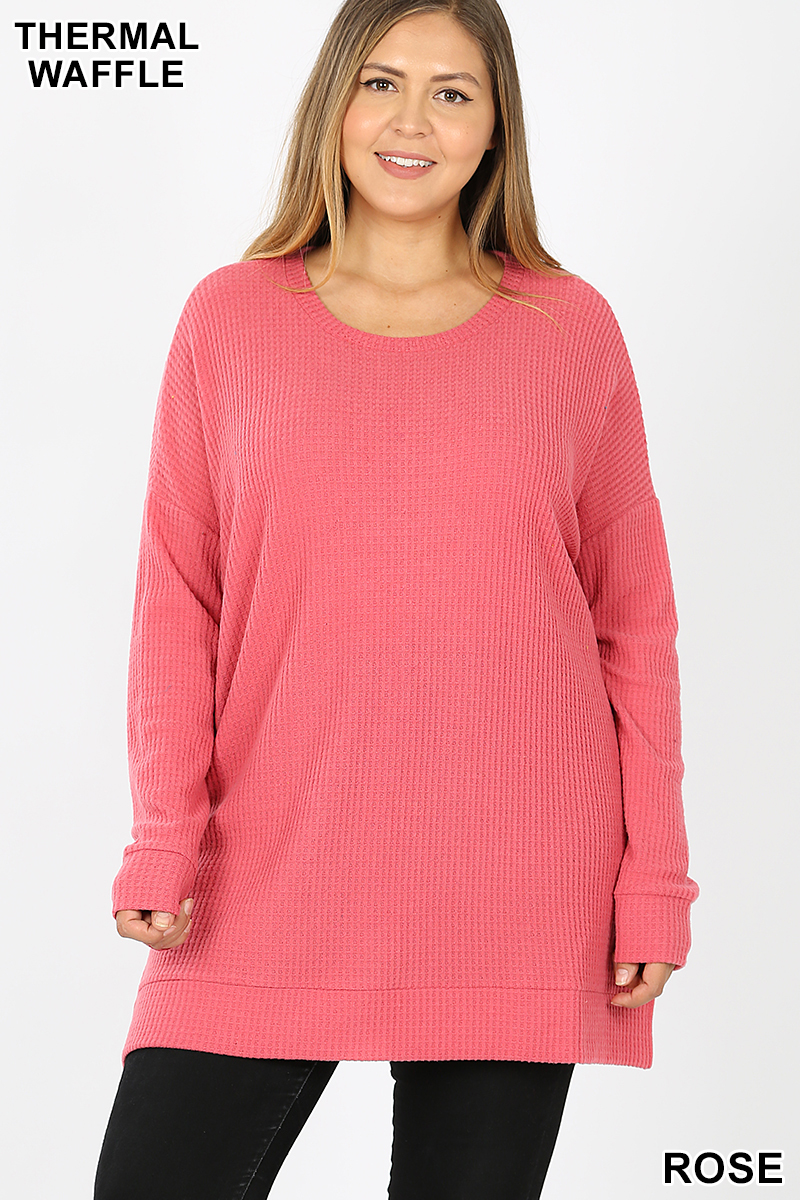 Front image of Rose Wholesale Brushed Thermal Waffle Knit Round Neck Plus Size Sweater