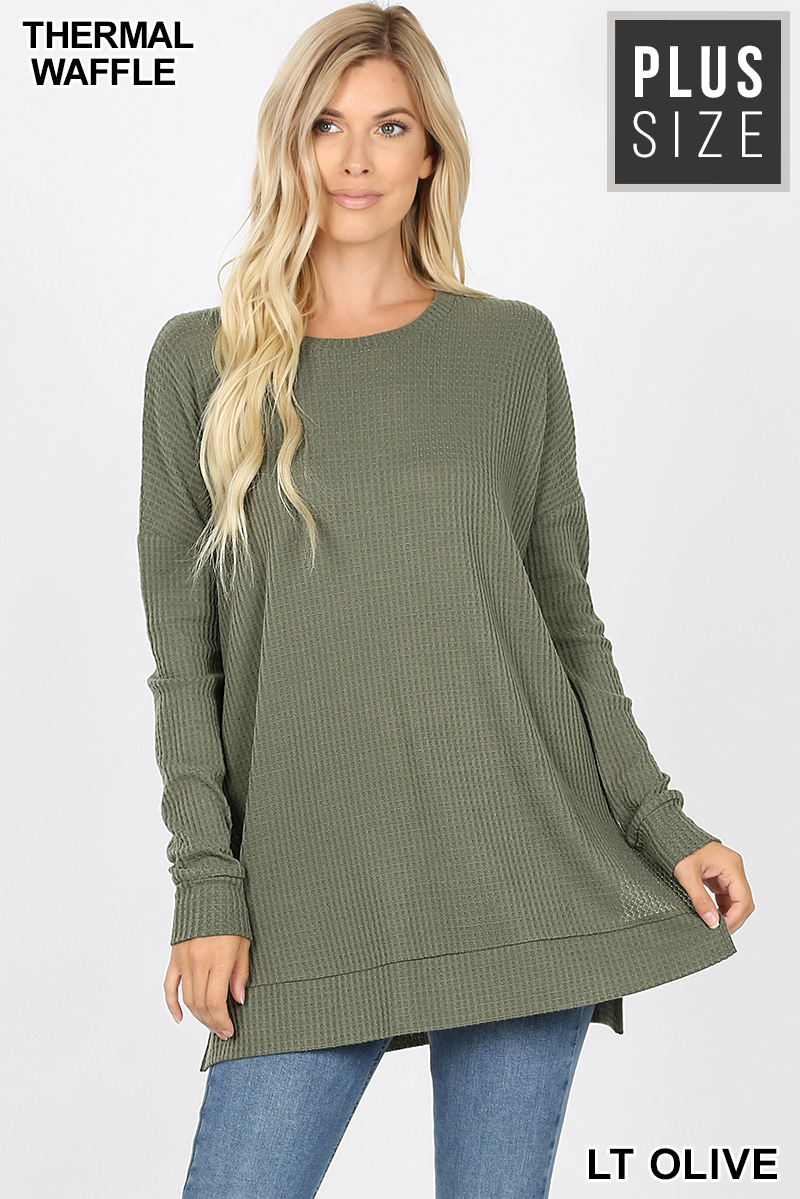 Front image of Lt Olive Wholesale Brushed Thermal Waffle Knit Round Neck Plus Size Sweater