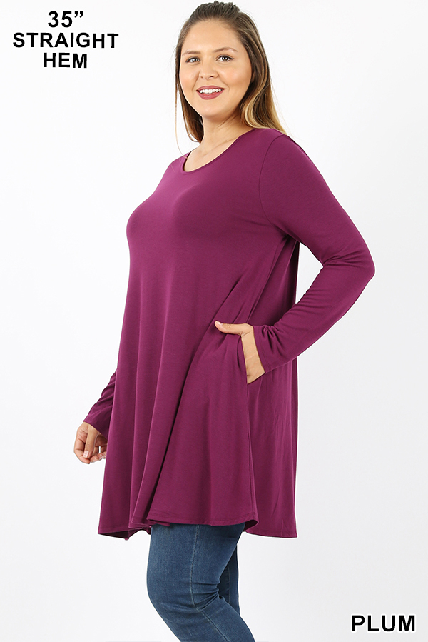 3/4 Sleeve Longline Round Hem Plus Size Rayon Tunic with Pockets