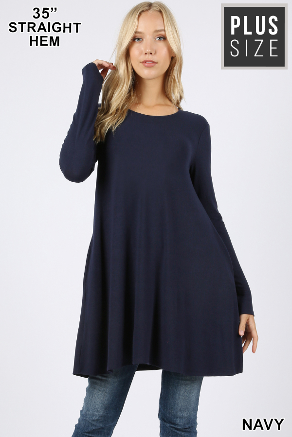 Front of Navy Wholesale Long Sleeve Plus Size Swing Tunic with Pockets