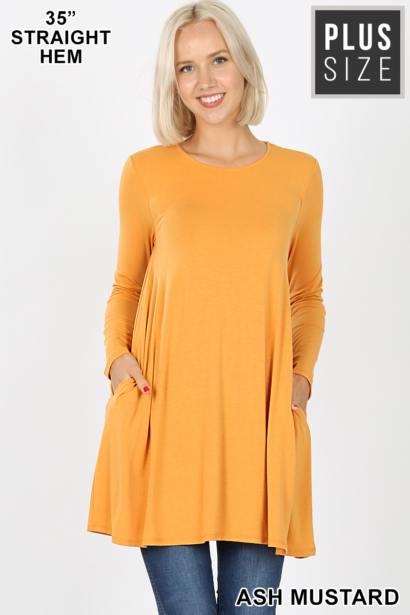 Front of Ash Mustard Wholesale Long Sleeve Plus Size Swing Tunic with Pockets
