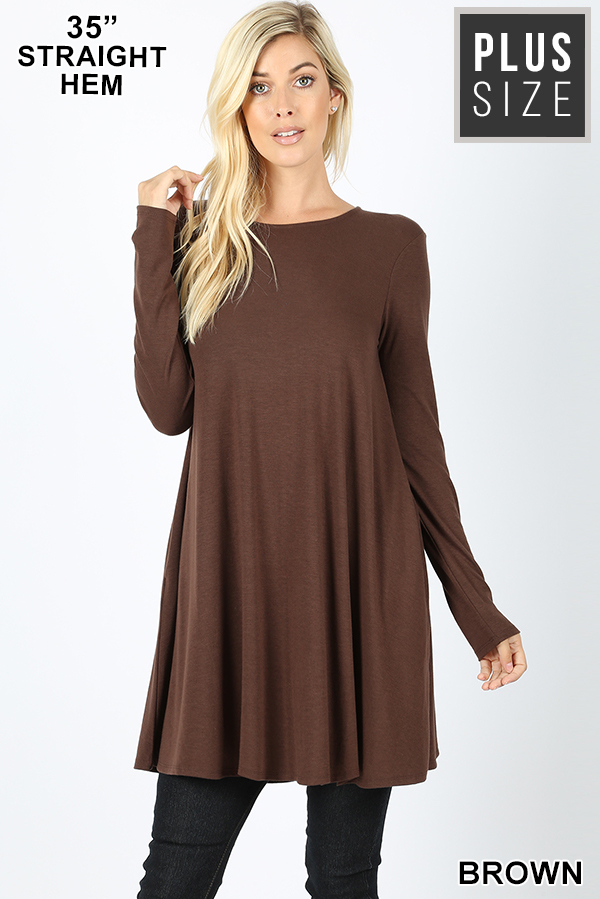 Front of Brown Wholesale Long Sleeve Plus Size Swing Tunic with Pockets