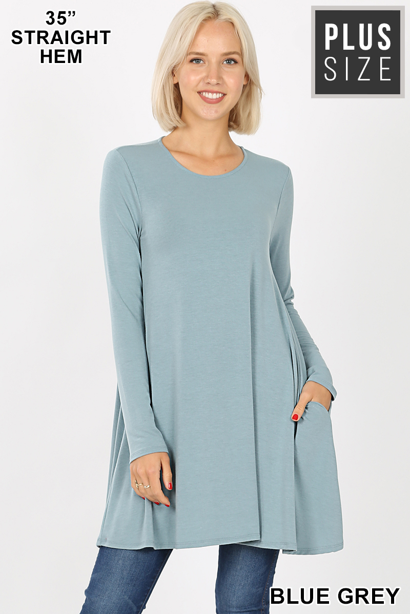 Front of Blue Grey Wholesale Long Sleeve Plus Size Swing Tunic with Pockets