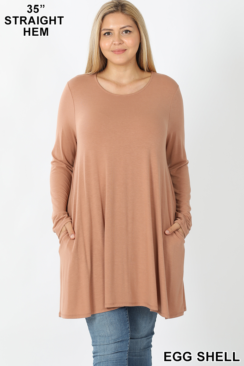 Front of Eggshell Wholesale Long Sleeve Plus Size Swing Tunic with Pockets