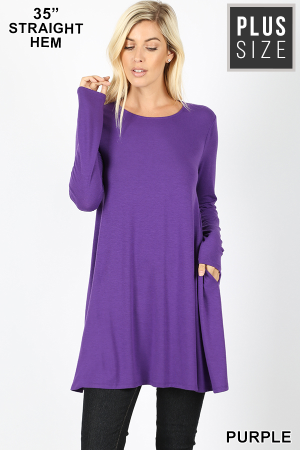 Front of Purple Wholesale Long Sleeve Plus Size Swing Tunic with Pockets