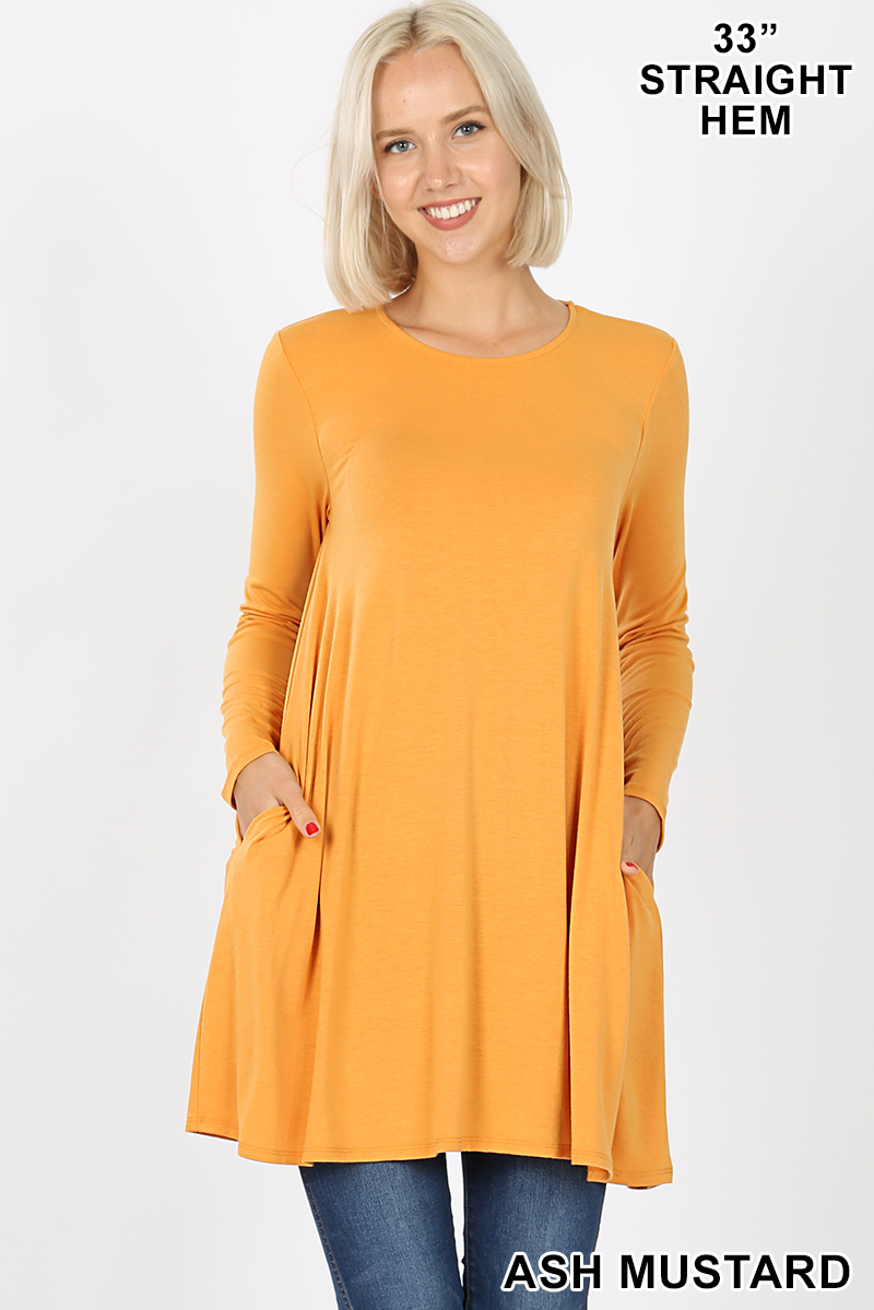 Front of Ash Mustard Wholesale Long Sleeve Swing Tunic with Pockets