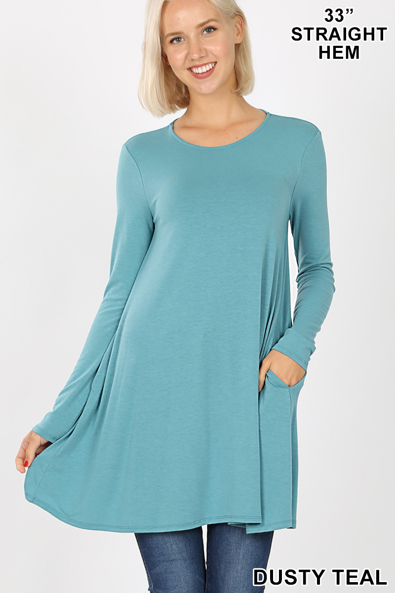 Front of Dusty Teal Wholesale Long Sleeve Swing Tunic with Pockets