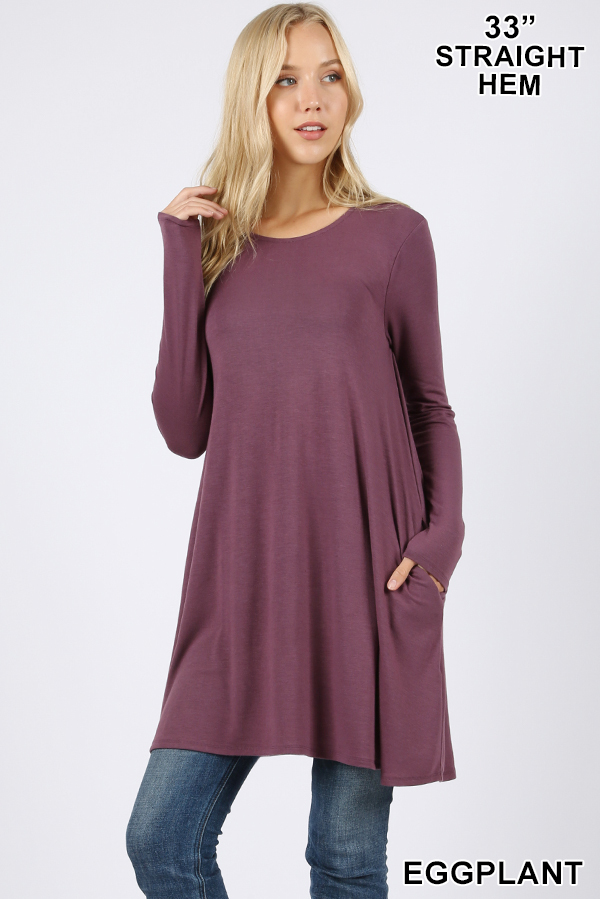 Front of Eggplant Wholesale Long Sleeve Swing Tunic with Pockets