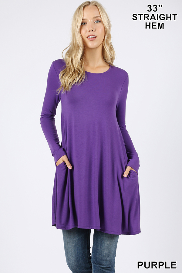 Front of Purple Wholesale Long Sleeve Swing Tunic with Pockets