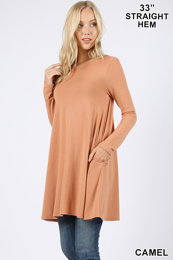 45 degree image view of Camel Wholesale Long Sleeve Swing Tunic with Pockets